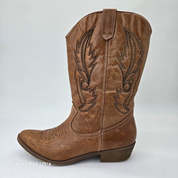 Coconuts Gaucho Brown Western Boots Faux Leather Embroidered Cowgirl Womens 6.5M - Picture 3 of 10